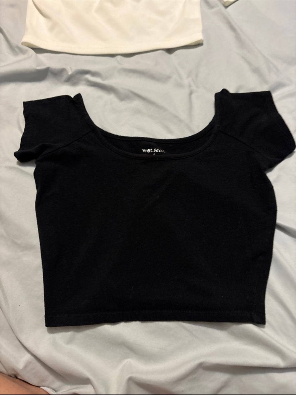 Wet Seal Black Off-Shoulder Crop Top with Short Sleeves